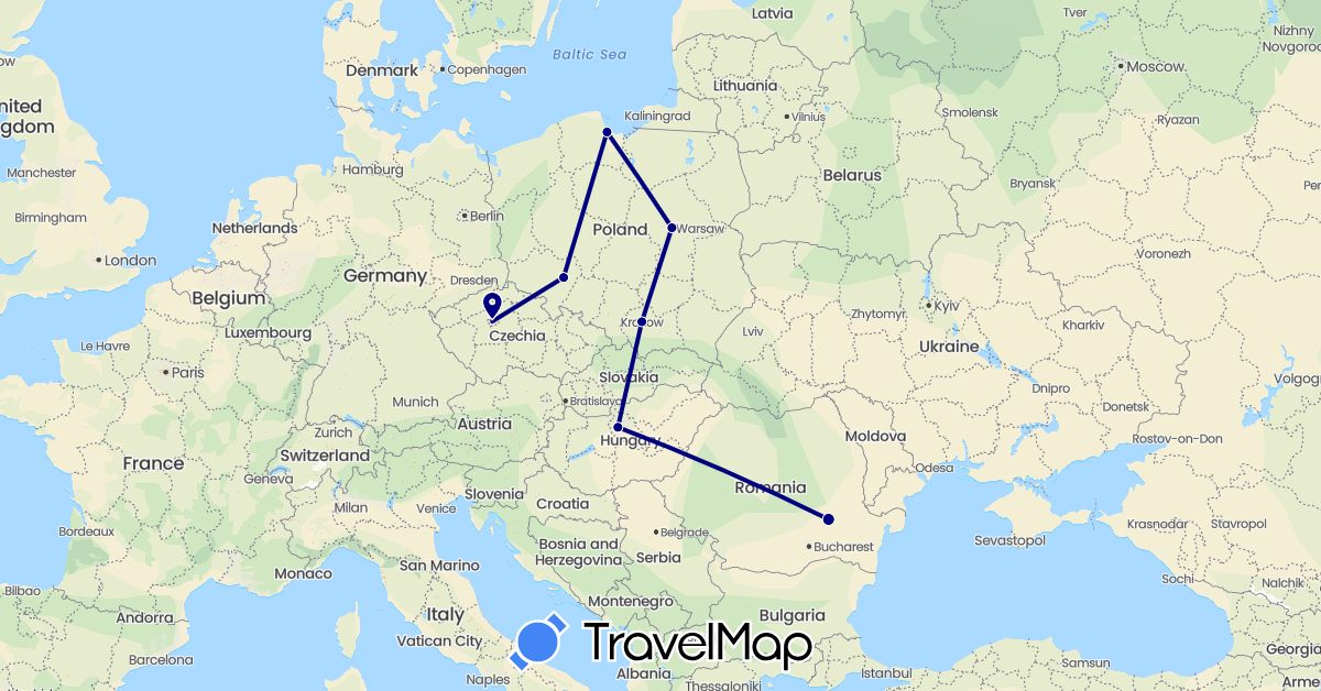 TravelMap itinerary: driving in Czech Republic, Hungary, Poland, Romania (Europe)